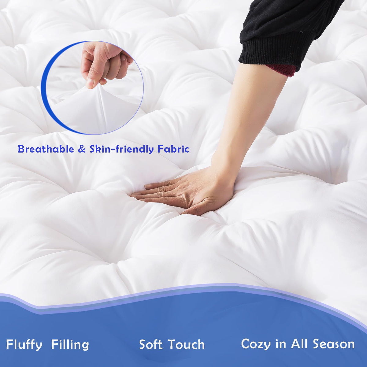 WhatsBedding topper with elastic straps keeps it securely aligned on the mattress.