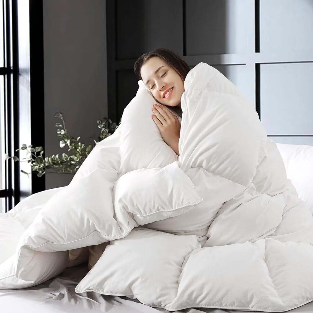WhatsBedding White Queen Comforter front view shows plush warmth for all-season bedding