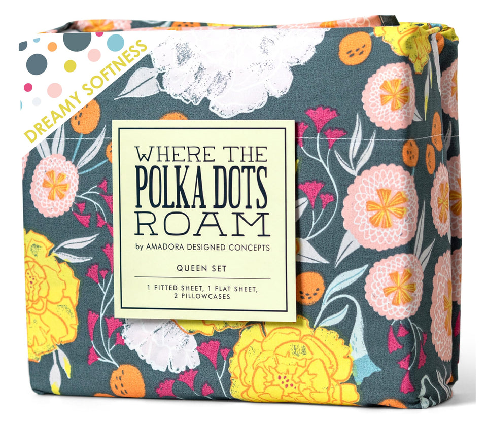 Where The Polka Dots Roam dark floral flat sheets add bold style to the queen bed