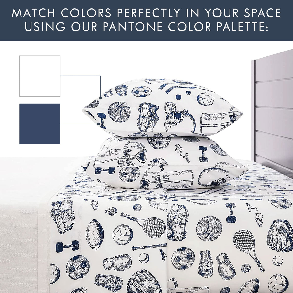 Where The Polka Dots Roam soccer-themed sheets add personality to any teen bed.