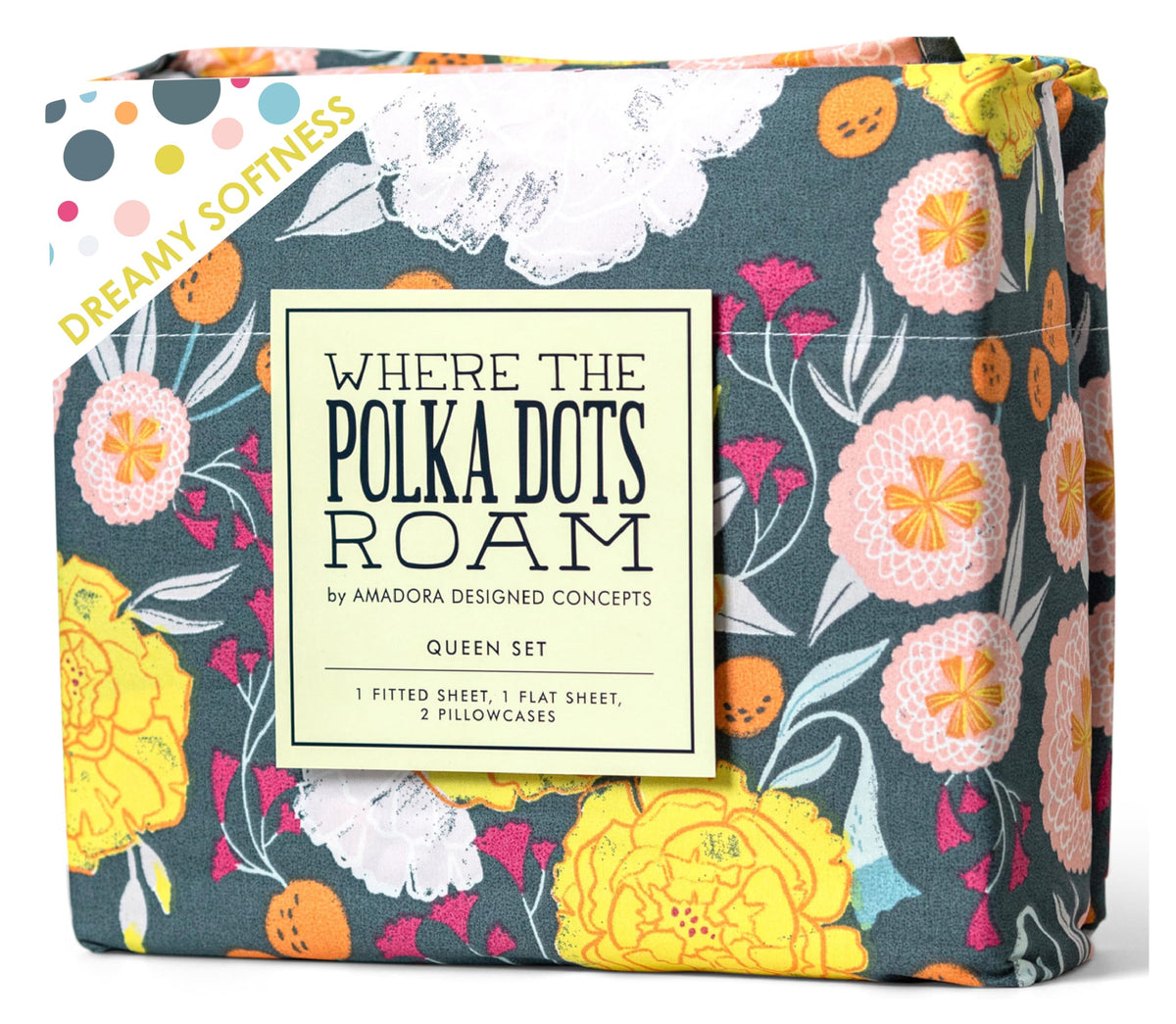 Where The Polka Dots Roam dark floral king-size flat sheet for calm boho bedrooms.