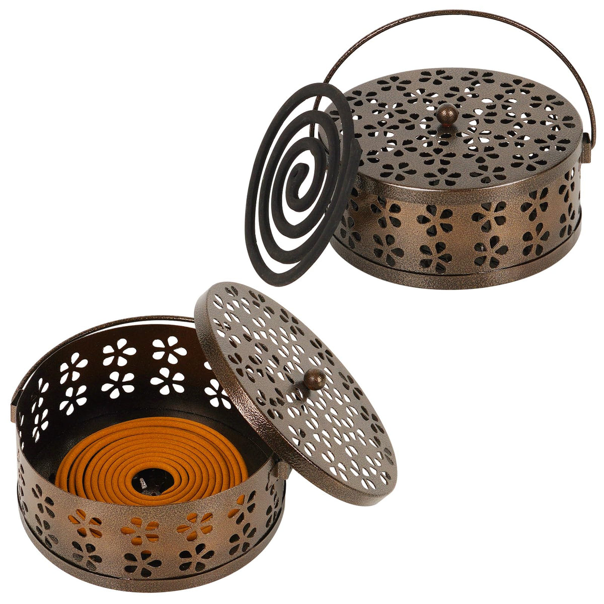 Whiidoom portable iron mosquito coil holder with handle in bronze finish for easy transport.