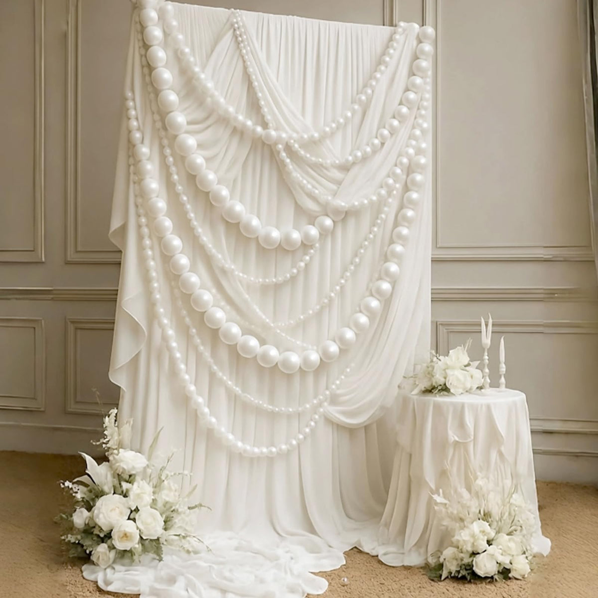 Whimsibelle wedding pearl bead garland with two white strands for elegant venue decor.
