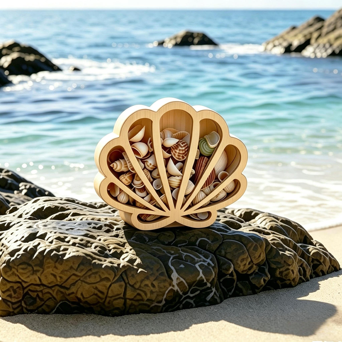 Whimsicorn seashell display box with acrylic panel showcases shells clearly in a coastal room.