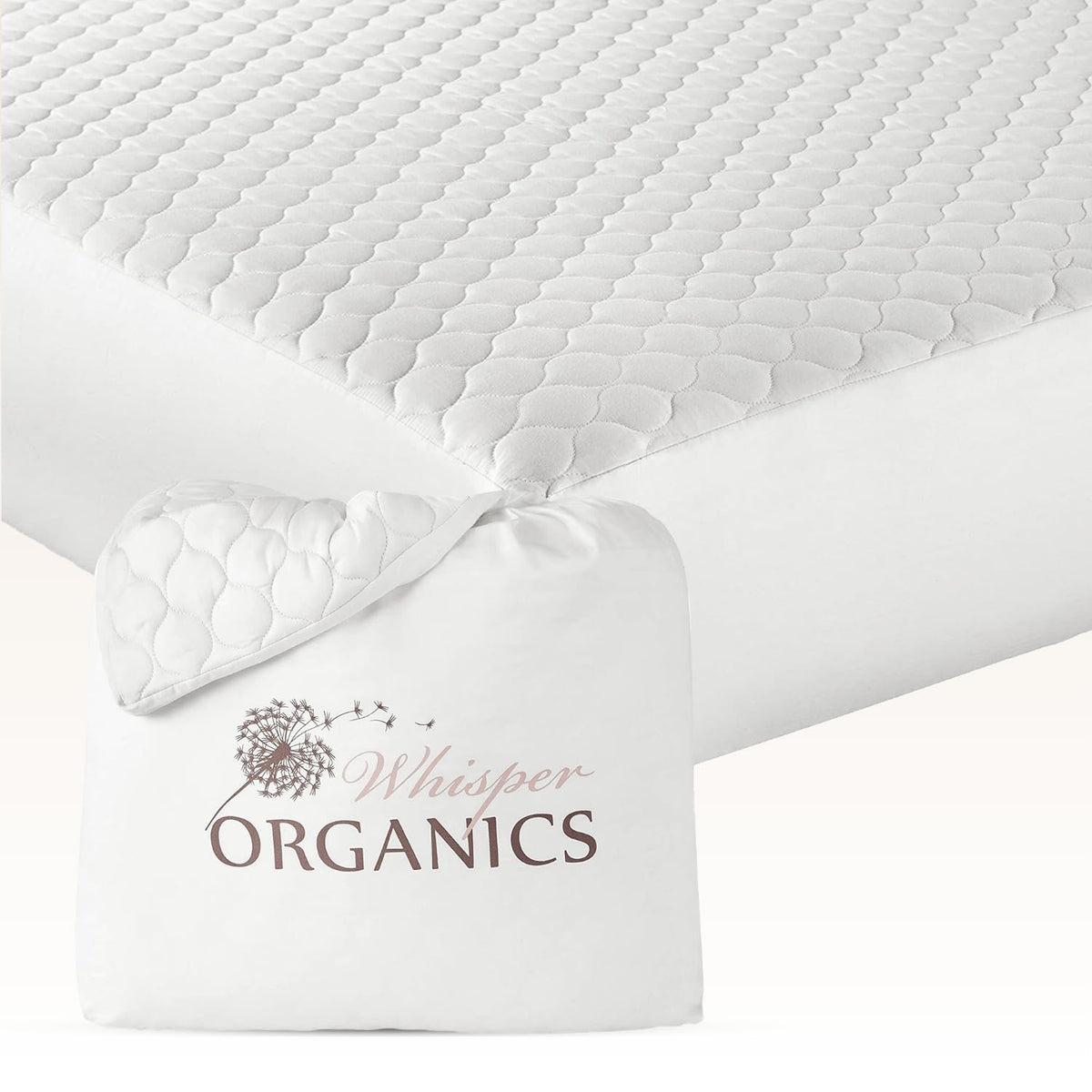 Whisper Organics mattress pad closeup quilted detail highlights softness and breathable cooling for a restful night.