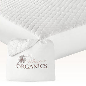Whisper Organics mattress pad closeup quilted detail highlights softness and breathable cooling for a restful night.
