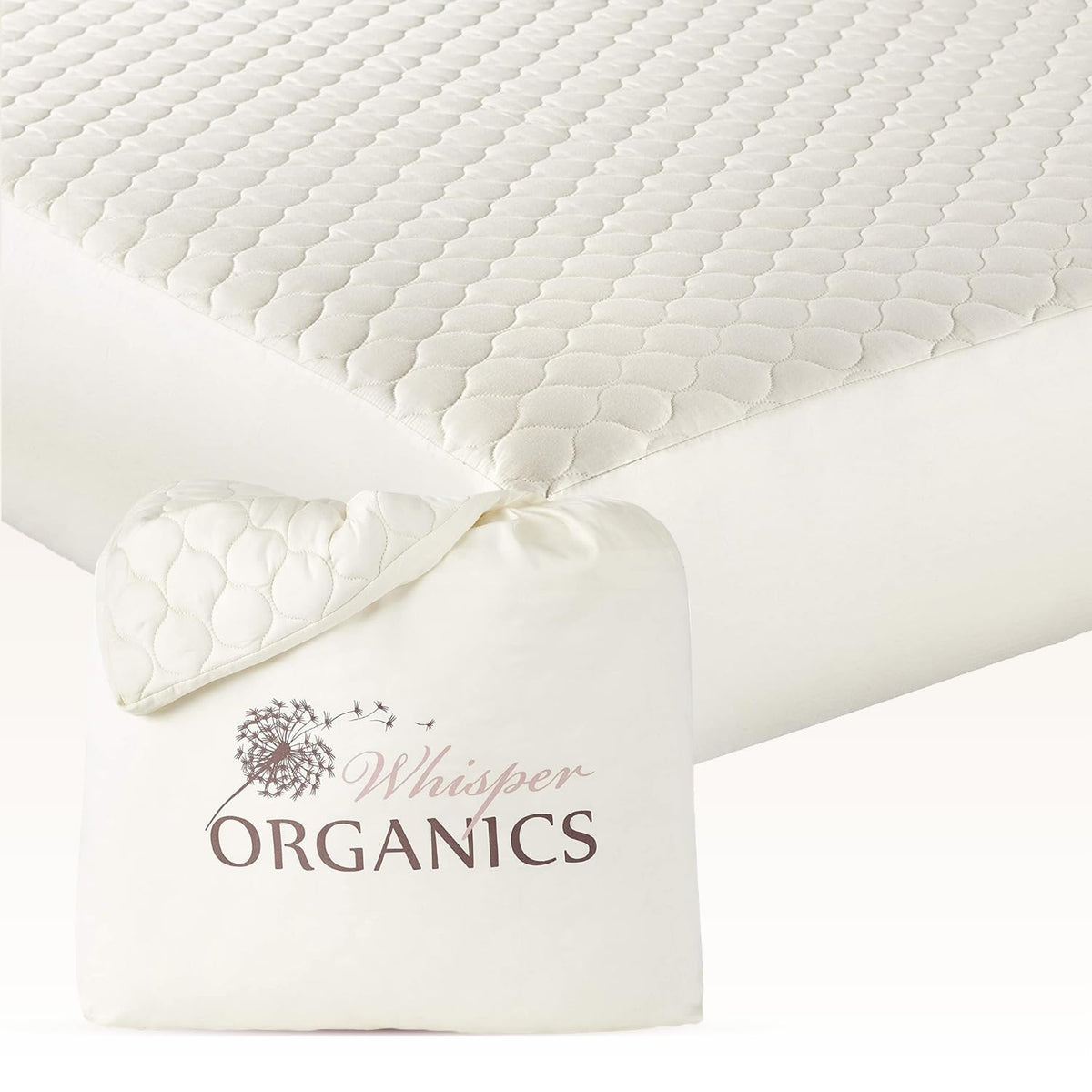 Whisper Organics mattress pad in ivory shows quilted stitching for soft cooling comfort