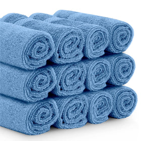 White Classic 12-pack light blue washcloths laid out for a spa vibe.