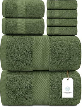 White Classic 8-piece bath towel set with plush texture for everyday luxury.