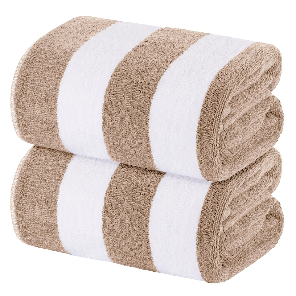 White Classic beach towel with beige cabana stripe for poolside comfort.
