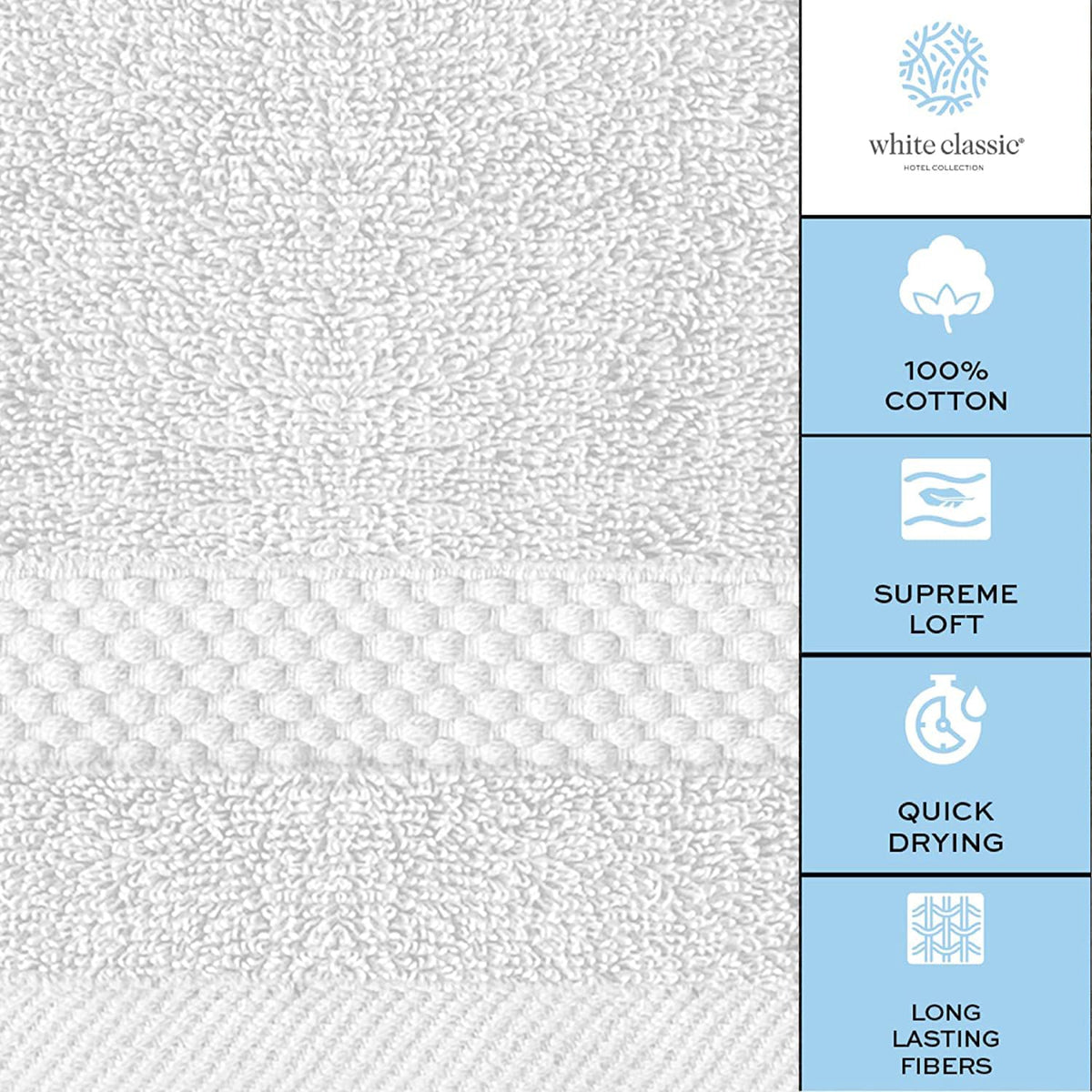 White Classic care shot demonstrates machine wash and easy fluff after drying.