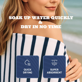 White Classic color-fast navy striped towel resists fading after sun exposure and washing.