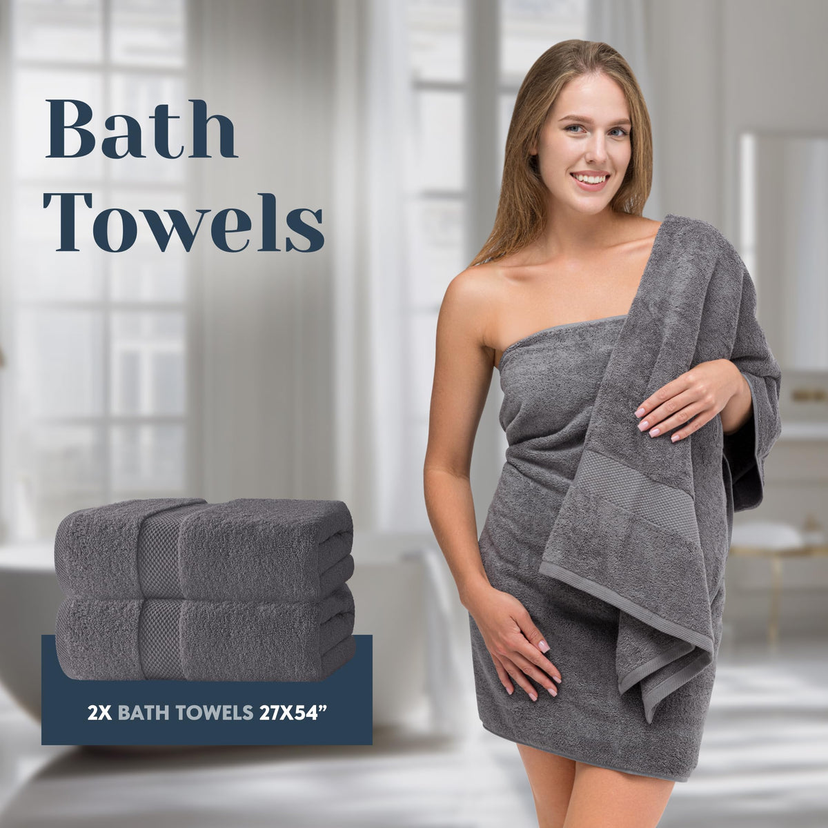 White Classic dark gray towels on rack, spa-like bathroom upgrade.