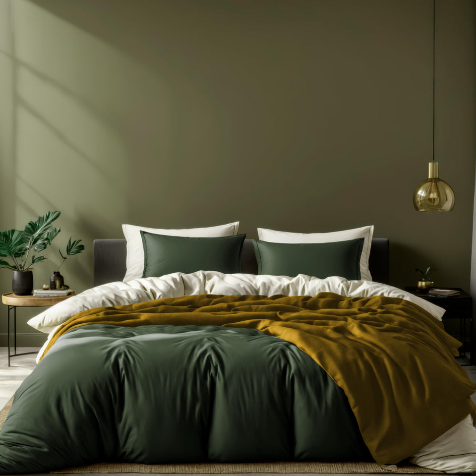 White Classic dark green duvet cover queen zipper close-up showing soft microfiber texture