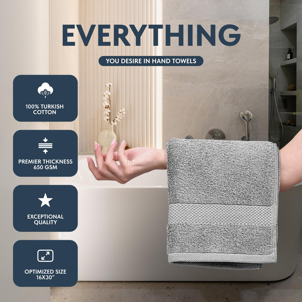 White Classic Dolphin Gray hand towel 16x30 in spa-like daily luxury