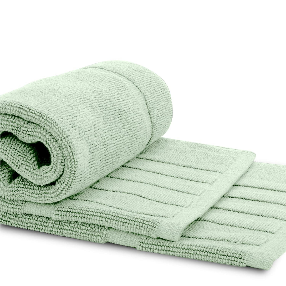 Green White Classic bath mat folded over tub for space-saving storage