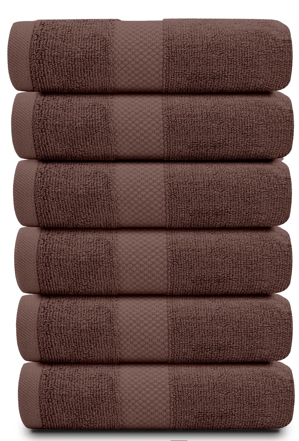 White Classic hotel collection towels, six-piece set, plush feel for guest bathrooms.