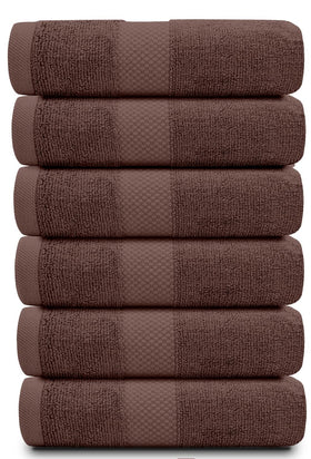 White Classic hotel collection towels, six-piece set, plush feel for guest bathrooms.