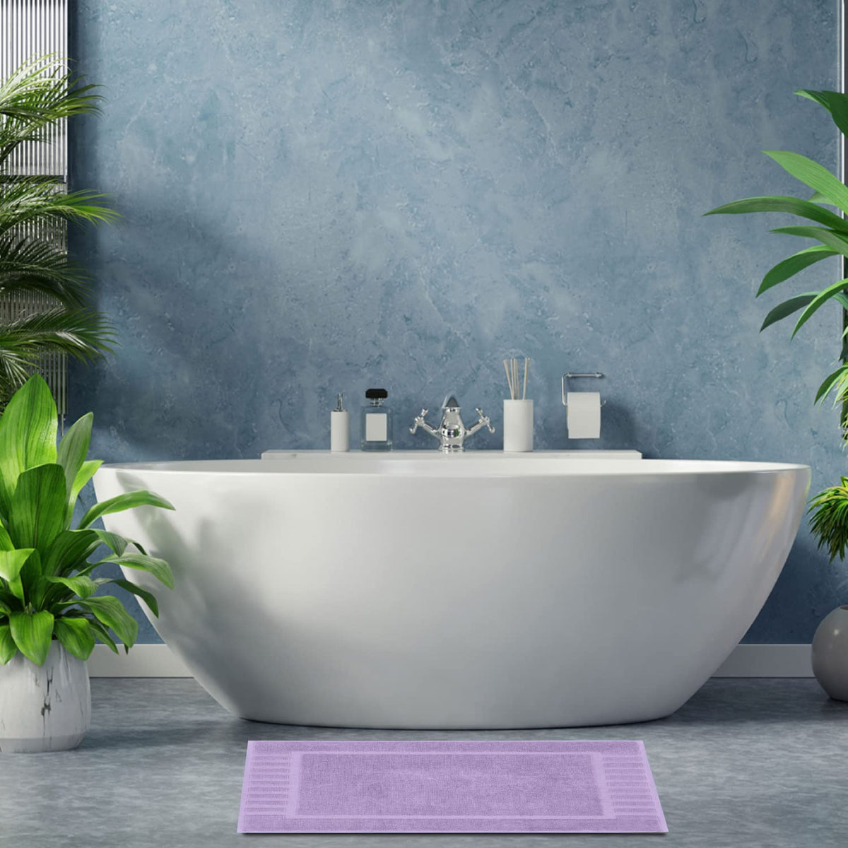 White Classic lavender bath mat in use beside tub.