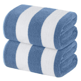 White Classic light blue cabana stripe towel showing 35x70 size for full-body wrap