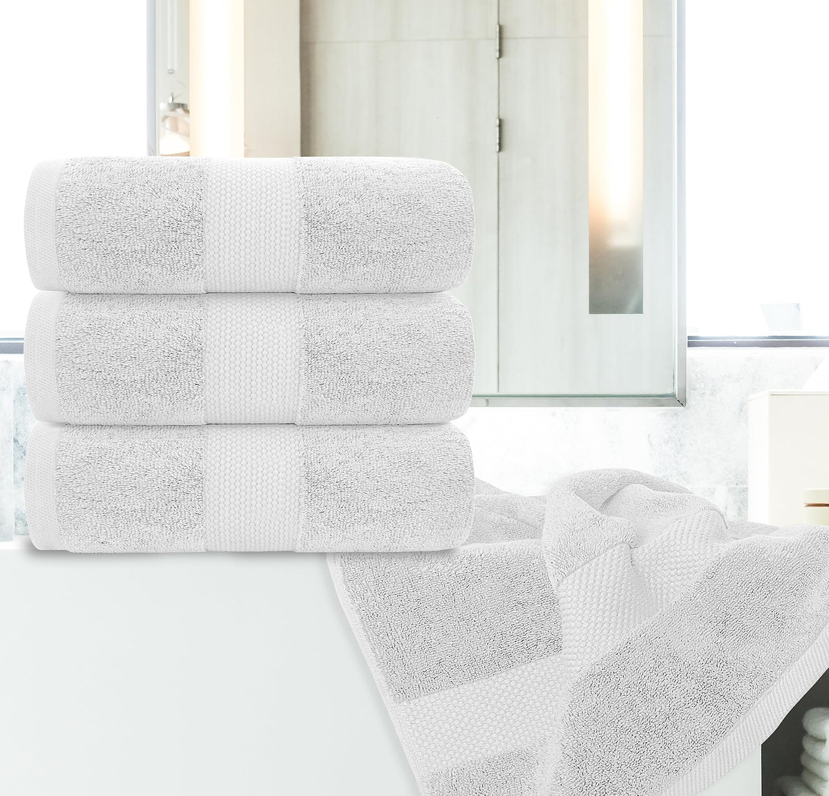 White Classic towel on rack showing lint-free finish after wash.