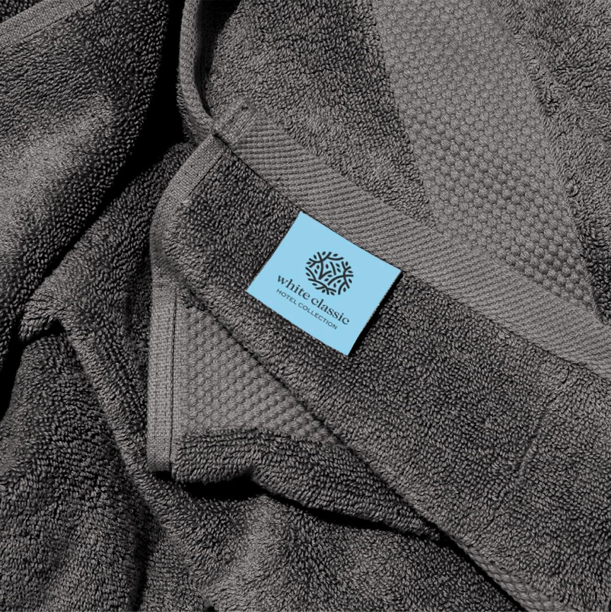 White Classic long-staple cotton towel, charcoal gray, softens after first wash.