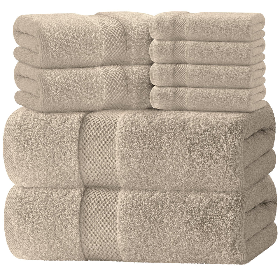 White Classic 8-piece towel set in taupe with plush Turkish cotton for absorbency.