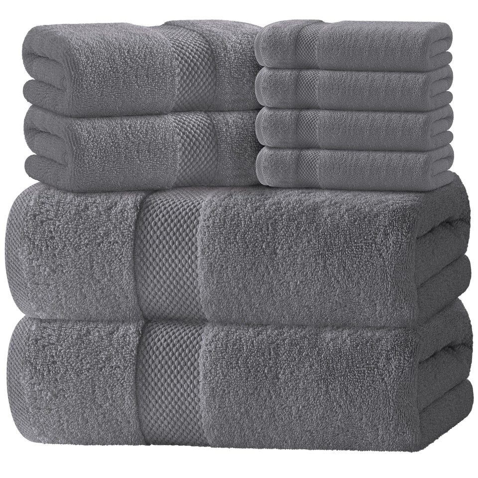 White Classic luxury bath towel set on a bathroom rack, soft and absorbent.