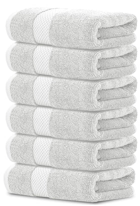 White Classic luxury silver hand towels stacked, plush softness and high absorbency.