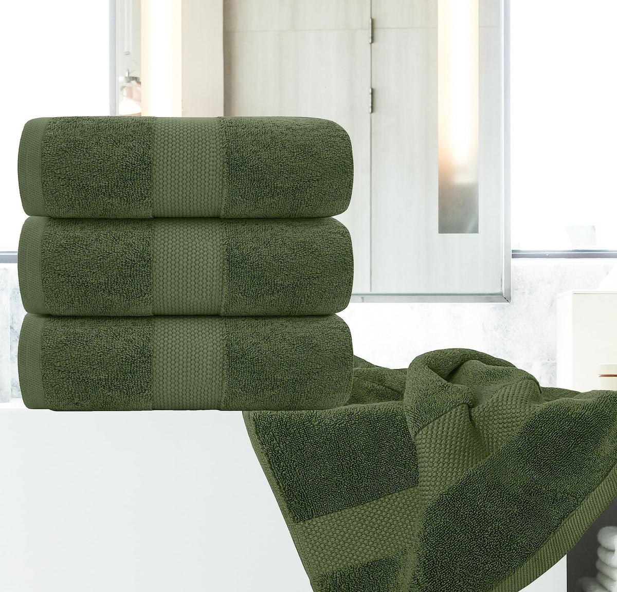 White Classic Luxury towel set folded display highlights large 27x54 inch size and hotel luxury feel.