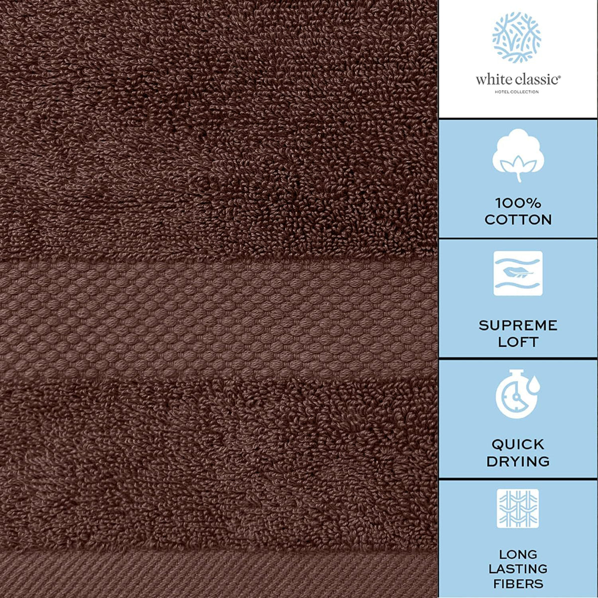 White Classic machine-washable towels, easy care and quick laundering.