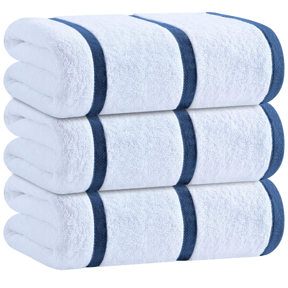 White Classic navy stripe pool towel front view showing oversized coverage