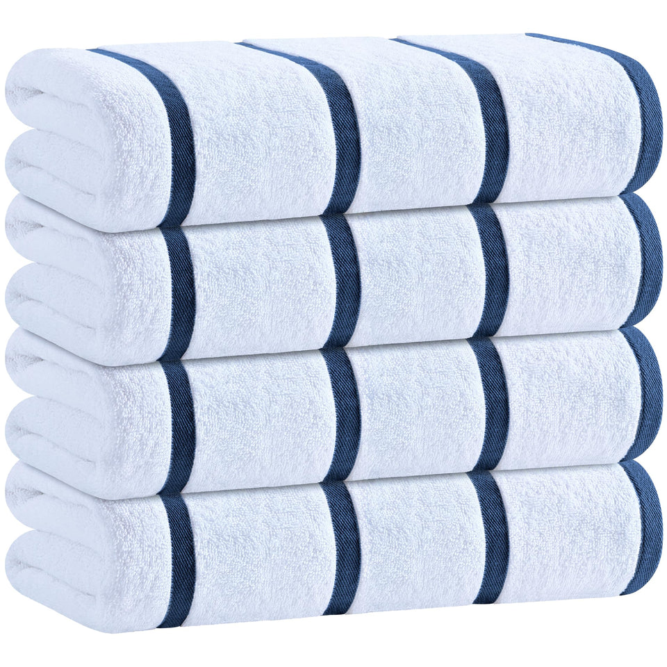 White Classic oversized navy striped towel, 30x60 inches for poolside lounging.