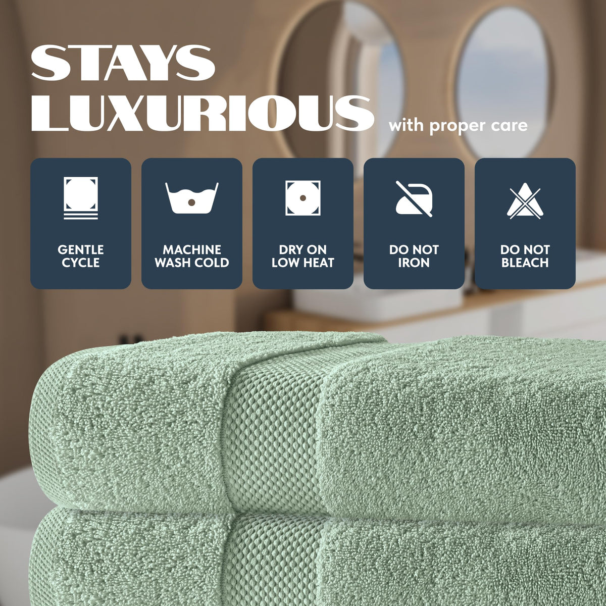 White Classic sage green towels close-up highlighting long-staple cotton fibers.