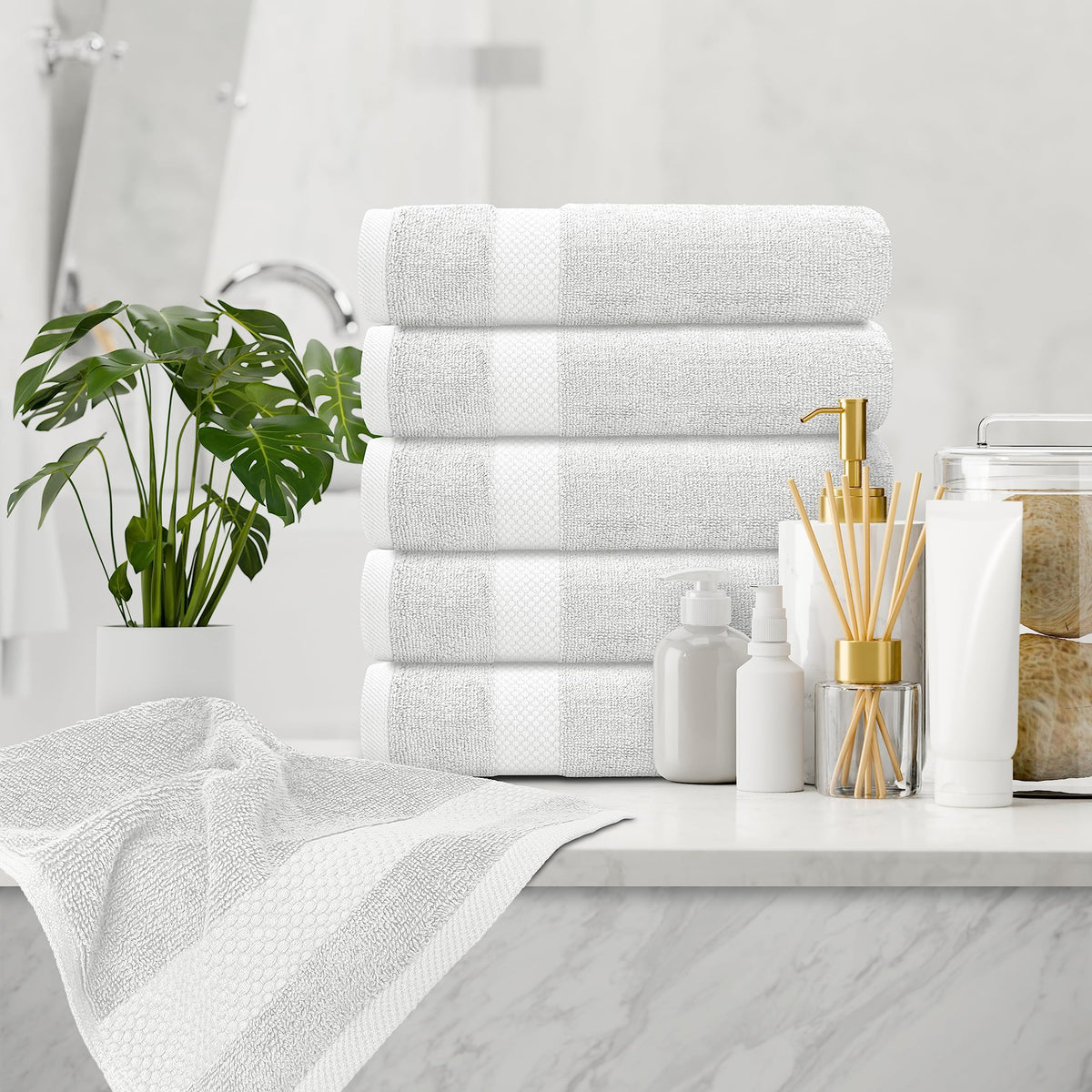 White Classic soft combed cotton towels, durable and plush for hotel-grade comfort.