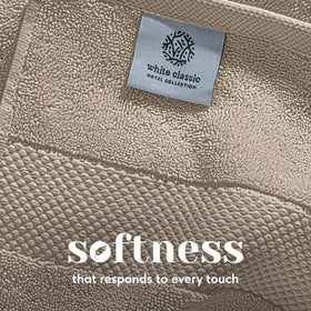 White Classic towels highlight quick-dry performance and minimal shedding.