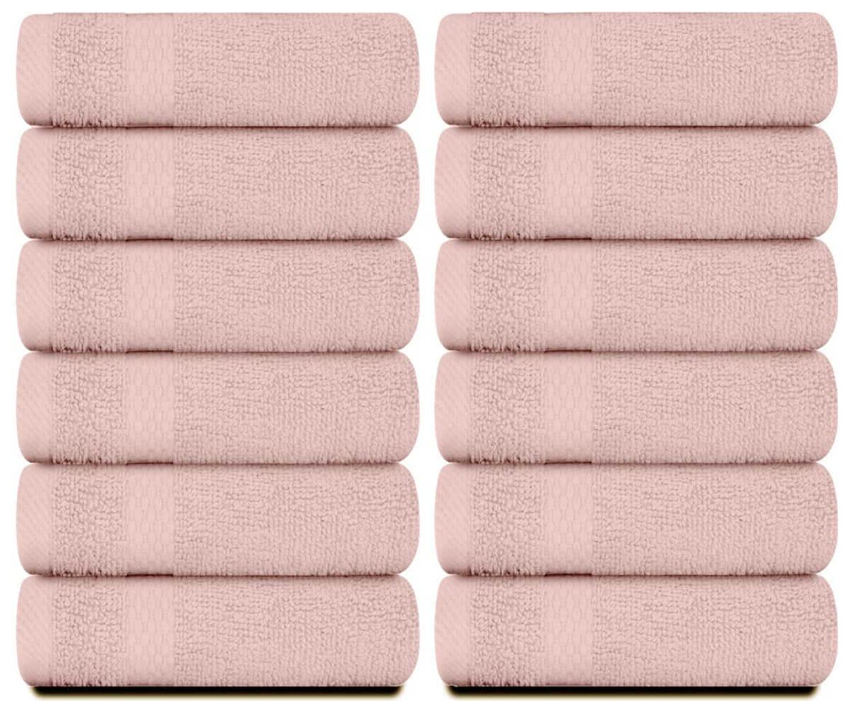 White Classic 12-pack pink washcloths laid flat for hotel-grade absorbency.