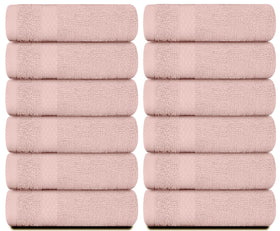 White Classic 12-pack pink washcloths laid flat for hotel-grade absorbency.