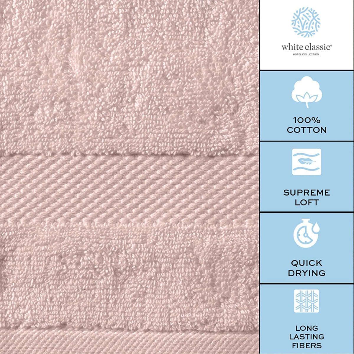 White Classic 13x13 inch towels shown as versatile spa, bathroom, and dorm essentials.
