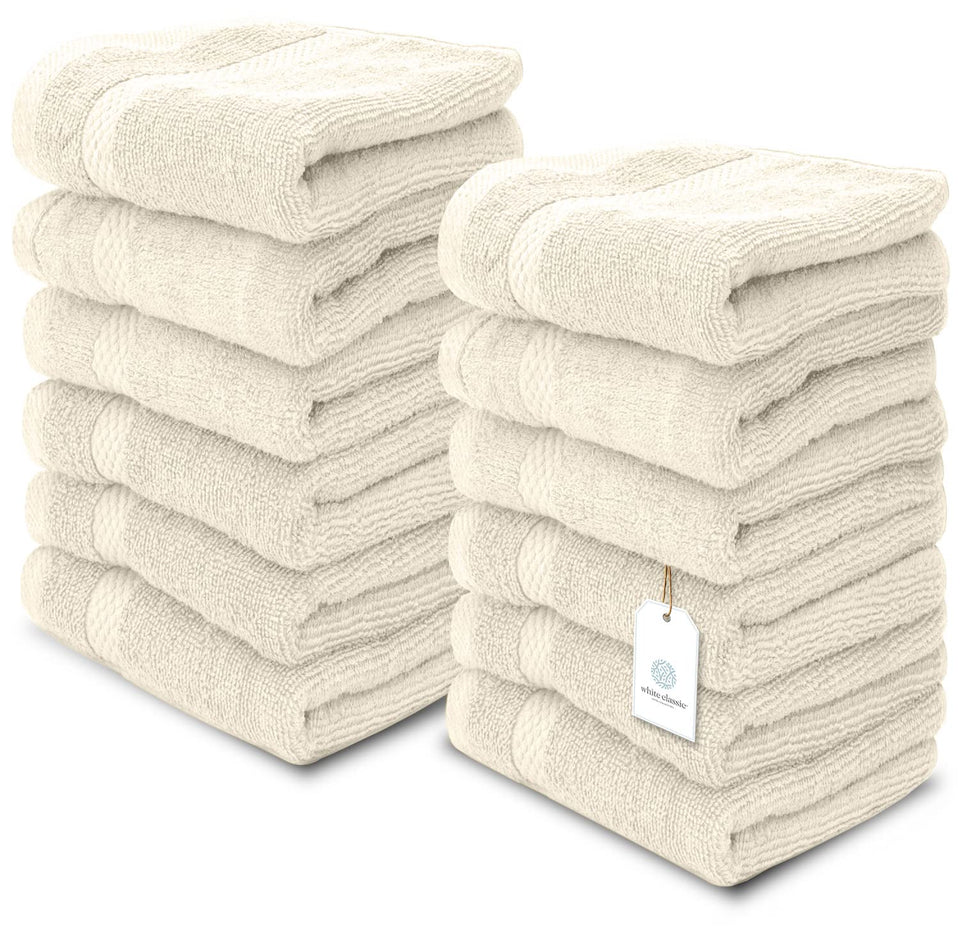 White Classic washcloth 13x13 folded in ivory, showing plush Turkish cotton and absorbent feel.