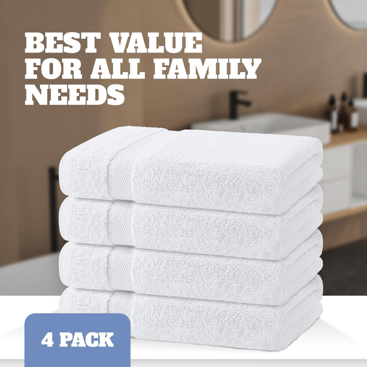 White Classic Wealuxe towels with reinforced double-stitched edges