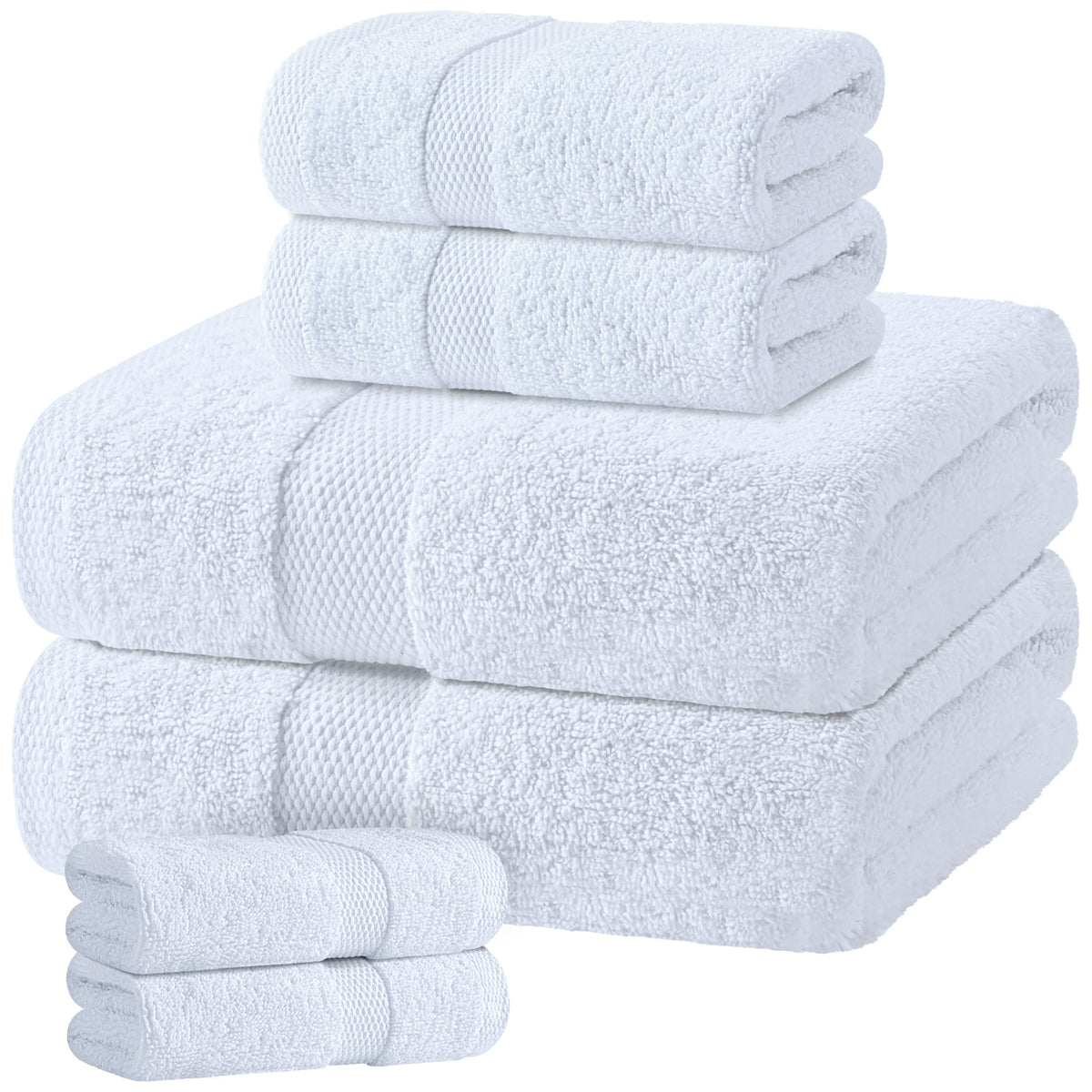 White Classic Wealuxe collection six-piece towel set on display, plush and inviting