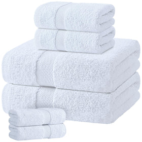 White Classic Wealuxe collection six-piece towel set on display, plush and inviting