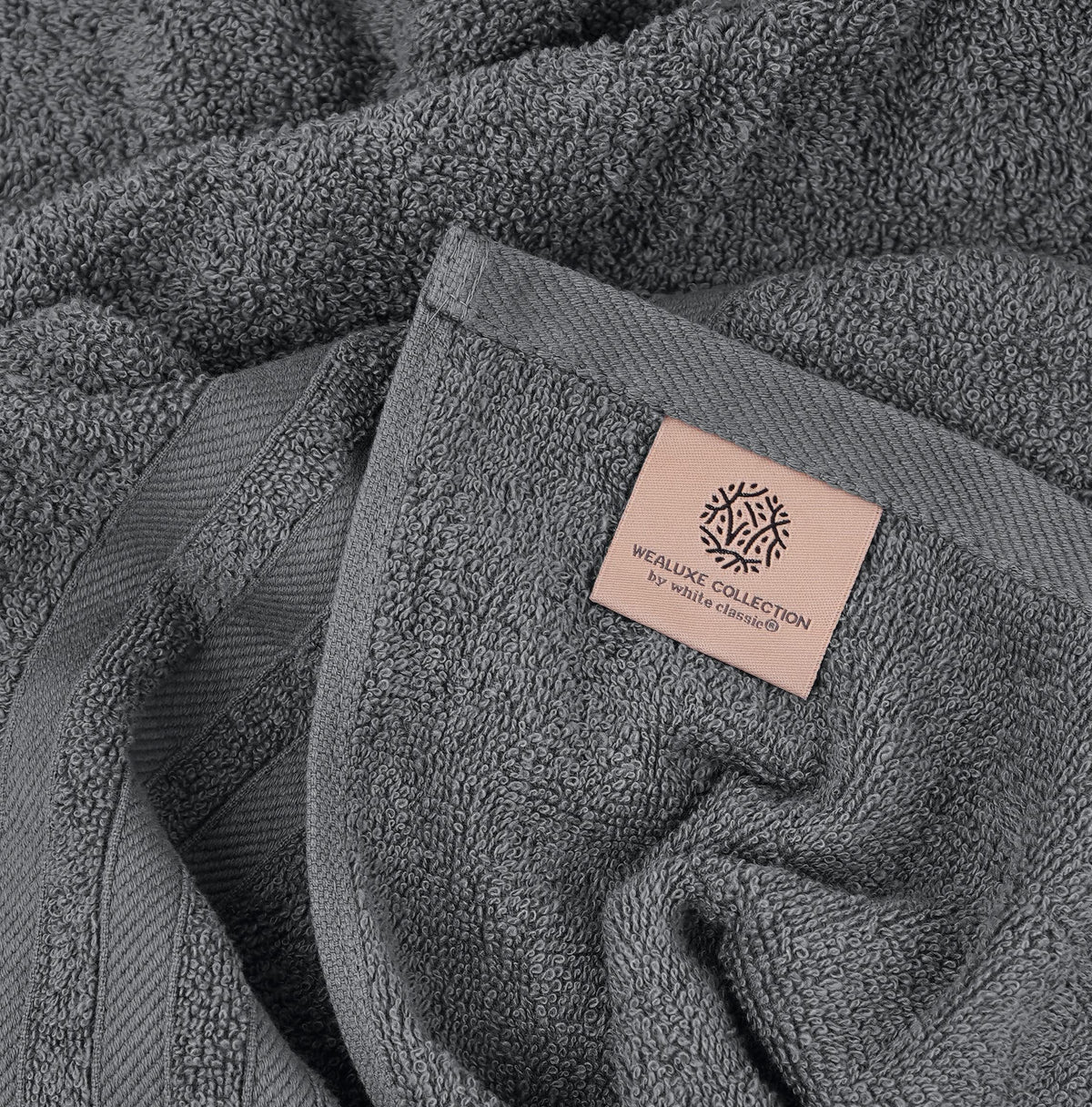 White Classic Wealuxe grey towels with double stitched edges for durability