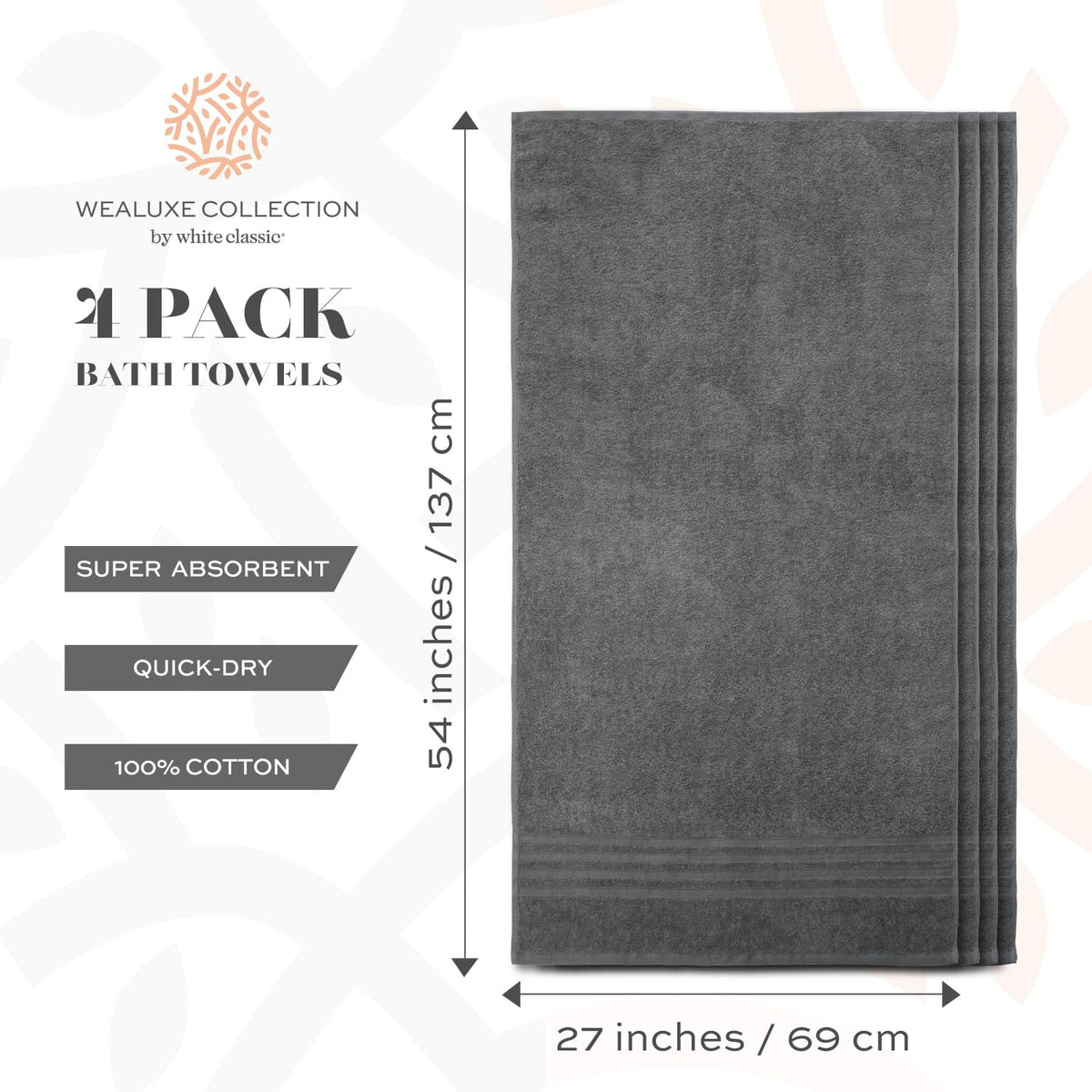 White Classic Wealuxe grey towels high absorbency for fast drying after shower