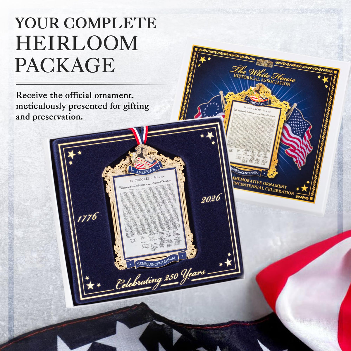 White House Official Ornament semiquincentennial display emphasizes American heritage celebration.
