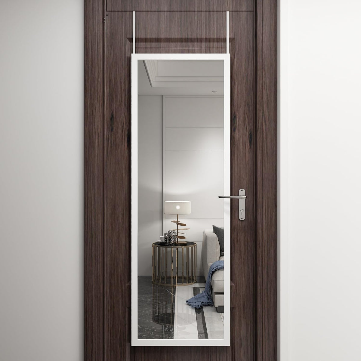 Whitebeach full-length mirror over the door shows a full reflection for quick outfit checks