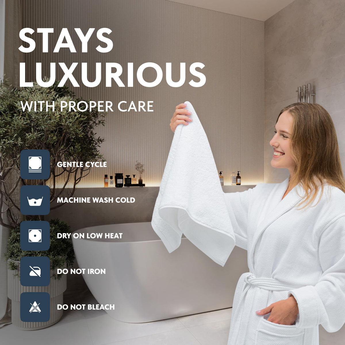 White Classic towels with double-stitched edges prevent fraying and boost longevity