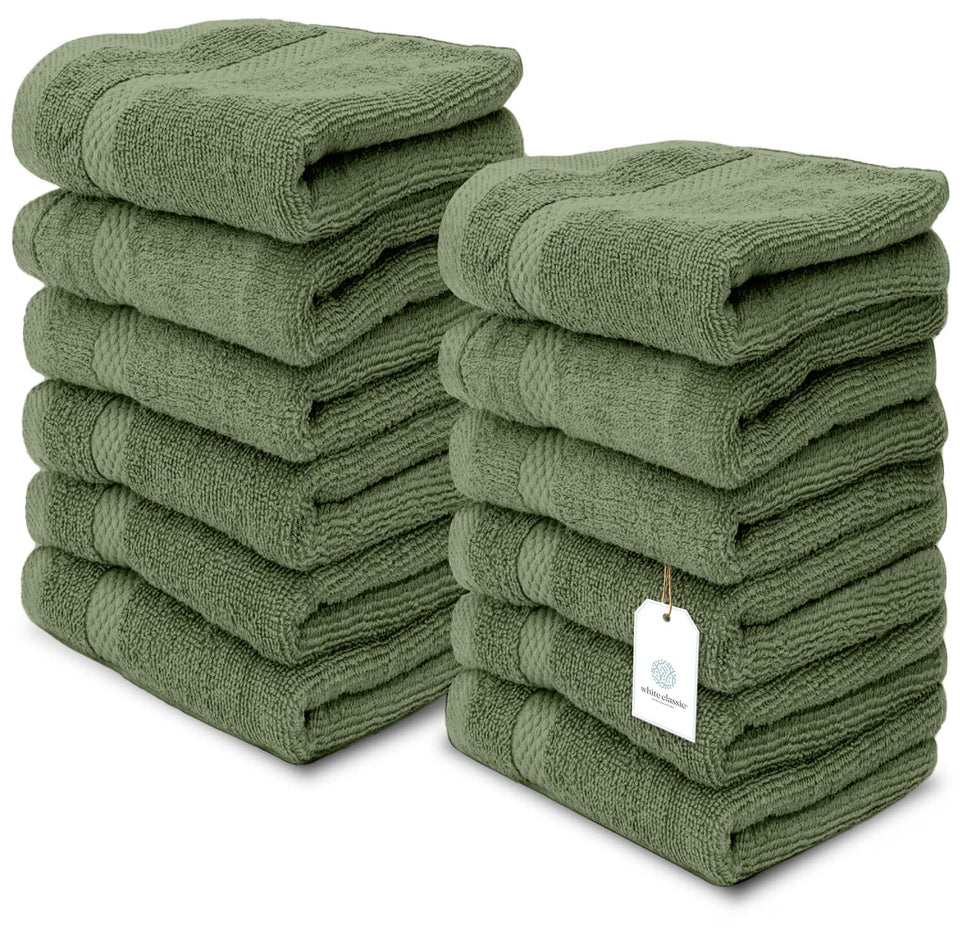 White Classic forest green washcloth folded, showcasing plush softness and quick-dry performance for daily use.