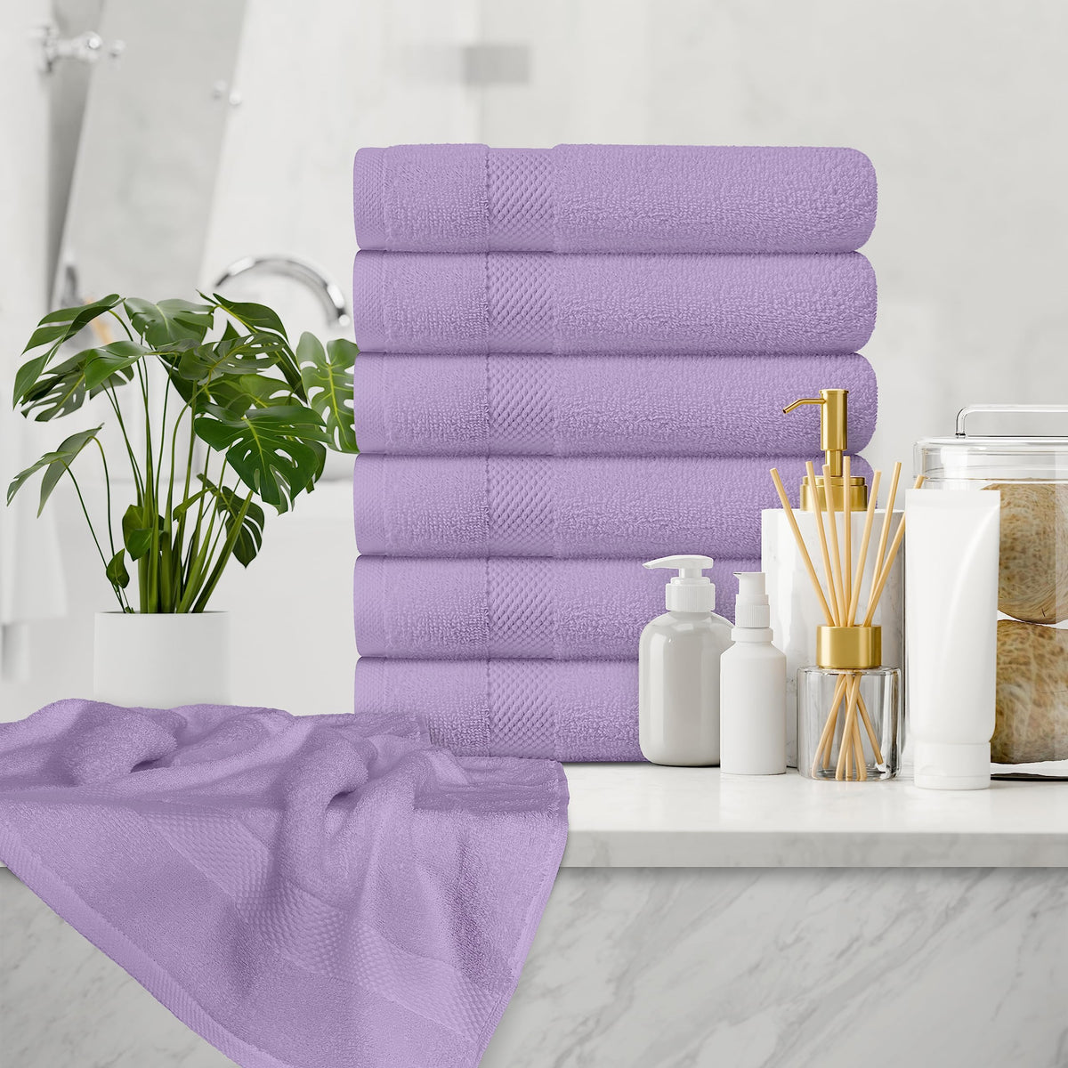Color-range display demonstrates versatile hues for coordinated bathroom decor.